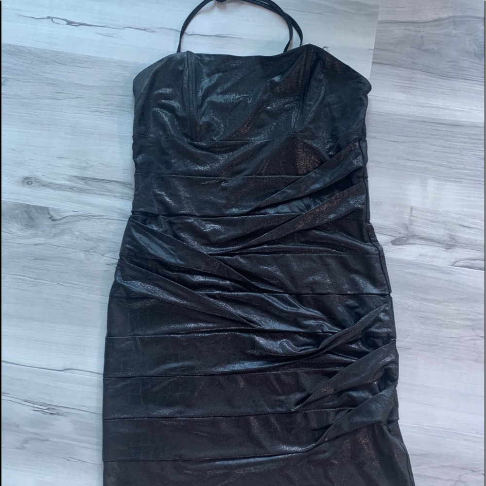 Shory tight black dress with copper shimmer